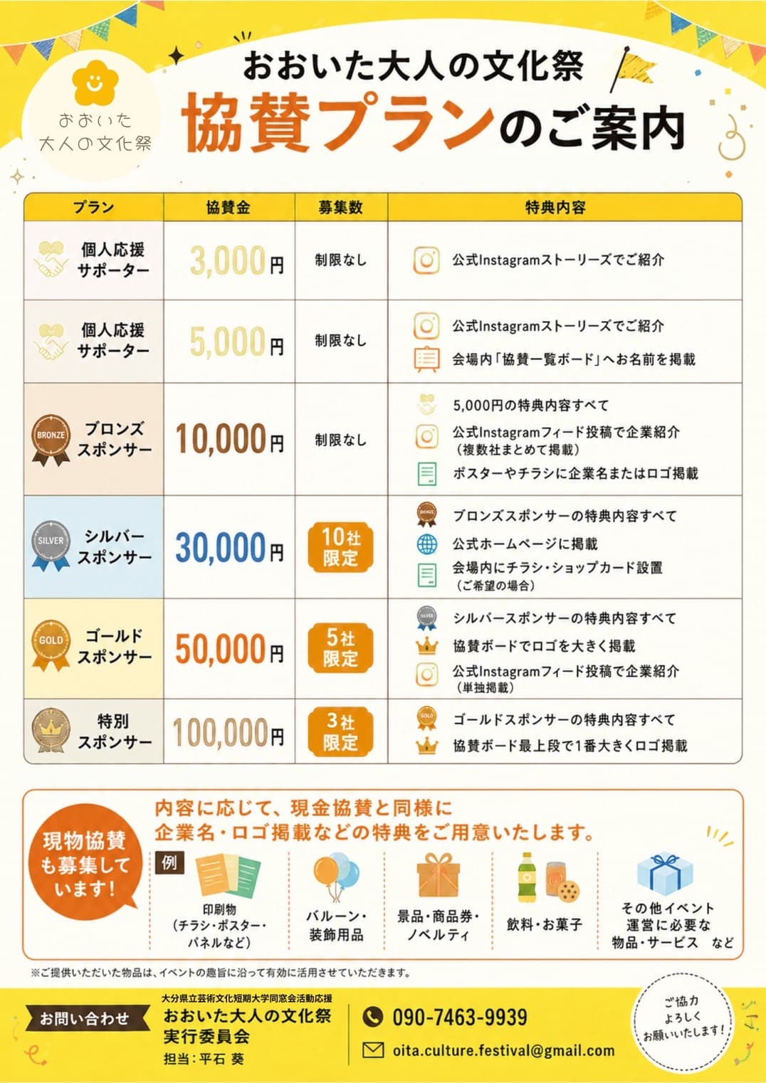 おおいた大人の文化祭の協賛プラン、金額、募集数、特典、現物協賛をまとめた公式資料
